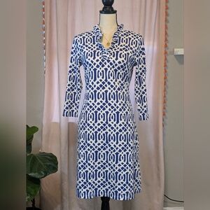 J McLaughlin Durham Ruffle Dress Sz M-Blue Trellis Catalina Cloth Career Classic